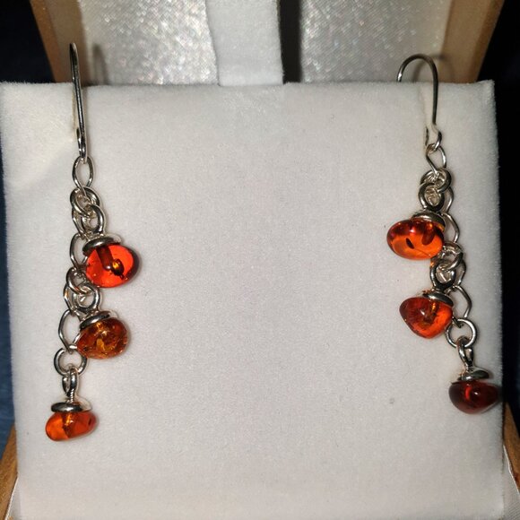 3 Strand 925 Sterling Silver and Genuine Baltic Amber Dangle Earrings - Picture 3 of 8